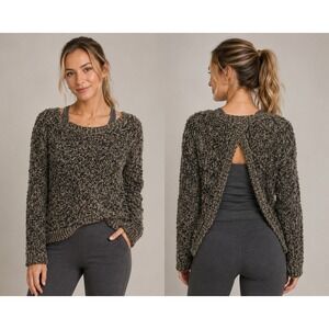 Maurices Womens M Open Back Black Tan Marled Open Knit Scalloped Crochet Sweater